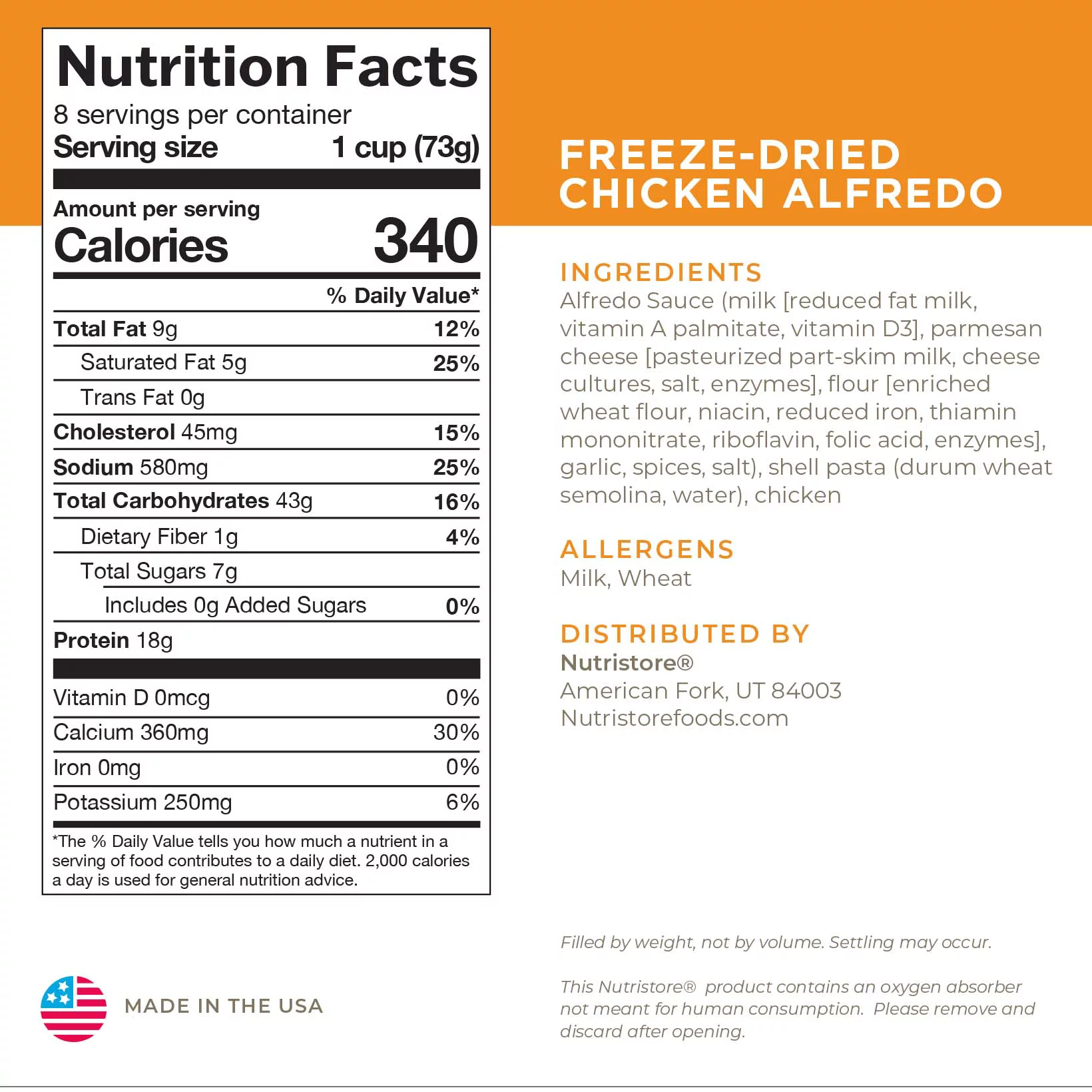 Nutristore | Freeze-Dried Chicken Alfredo | Emergency Survival Bulk Food Storage Meal | Perfect for Everyday Quick Meals and Long-Term Storage | 25 Year Shelf Life | USDA Inspected
