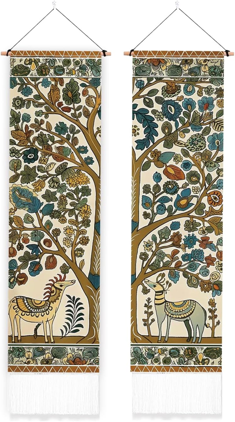 PLIGREAT 2 Pack Deer and Tree Tapestry, Folk Art Style Wall Tapestry Vertical Wall Hanging with Tassels Aesthetic Wall Tapestry for Bedroom Living Room Long Narrow Wall Hanging Housewarming Gift