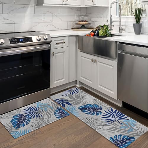 Farmhouse Kitchen Mats for Floor, Green Brown Turquoise Teal Kitchen Rugs Set of 2 Carpet Non-Slip Area Runner Rug, Vintage Modern Rustic Kitchen Decor and Accessories Stuff, 17x30 and 17x47 Inch