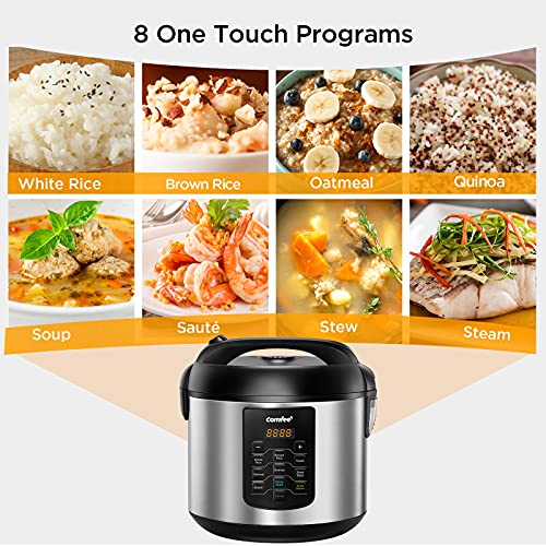 COMFEE' Compact Rice Cooker, 6-in-1 Stainless Steel Multi Cooker, Slow Cooker, Steamer, Saute, and Warmer, 2 QT, 8 Cups Cooked(4 Cups Uncooked), Brown Rice, Quinoa and Oatmeal, 6 One-Touch Programs