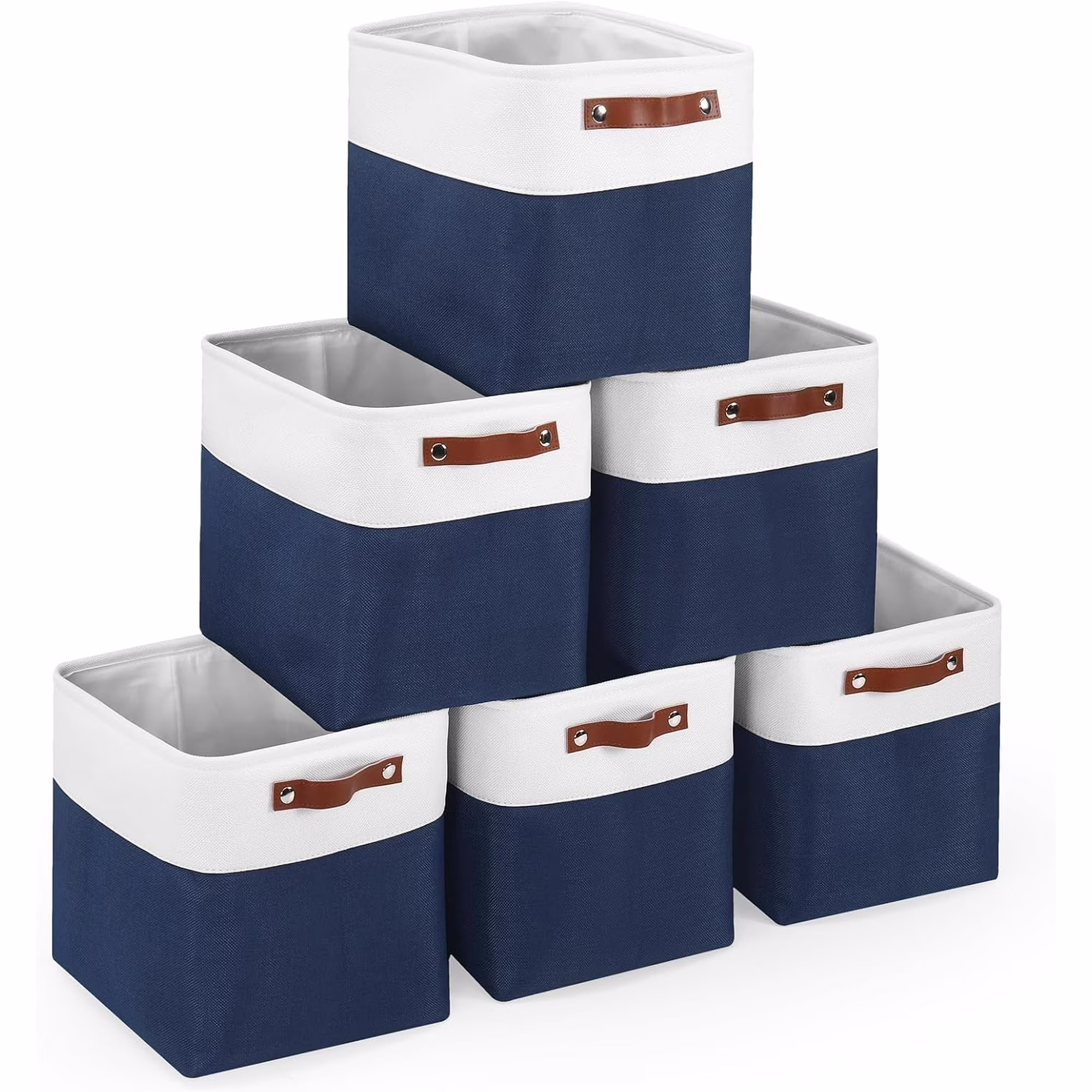 Cube Storage Baskets 6 Pack, 11x11 inch Foldable Cube Storage Bins with Leather Handles for Shelf Closet Nursery Toys (White/ Blue)