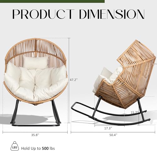 JAMFLY Egg Chair Wicker Outdoor Chairs, Oversized Patio Chair Oversized Lounger Chair with Cushion for Indoor Living Room, Bedroom, Outside Patio Backyard Balcony, Beige