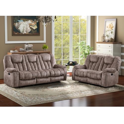 CANMOV Manual Recliner Sofa-Soft Fabric Reclining Living Room Set Loveseat Massage Heated Recliner Couch with Cup Holders, Side Pocket for Adults Elderly Apricot