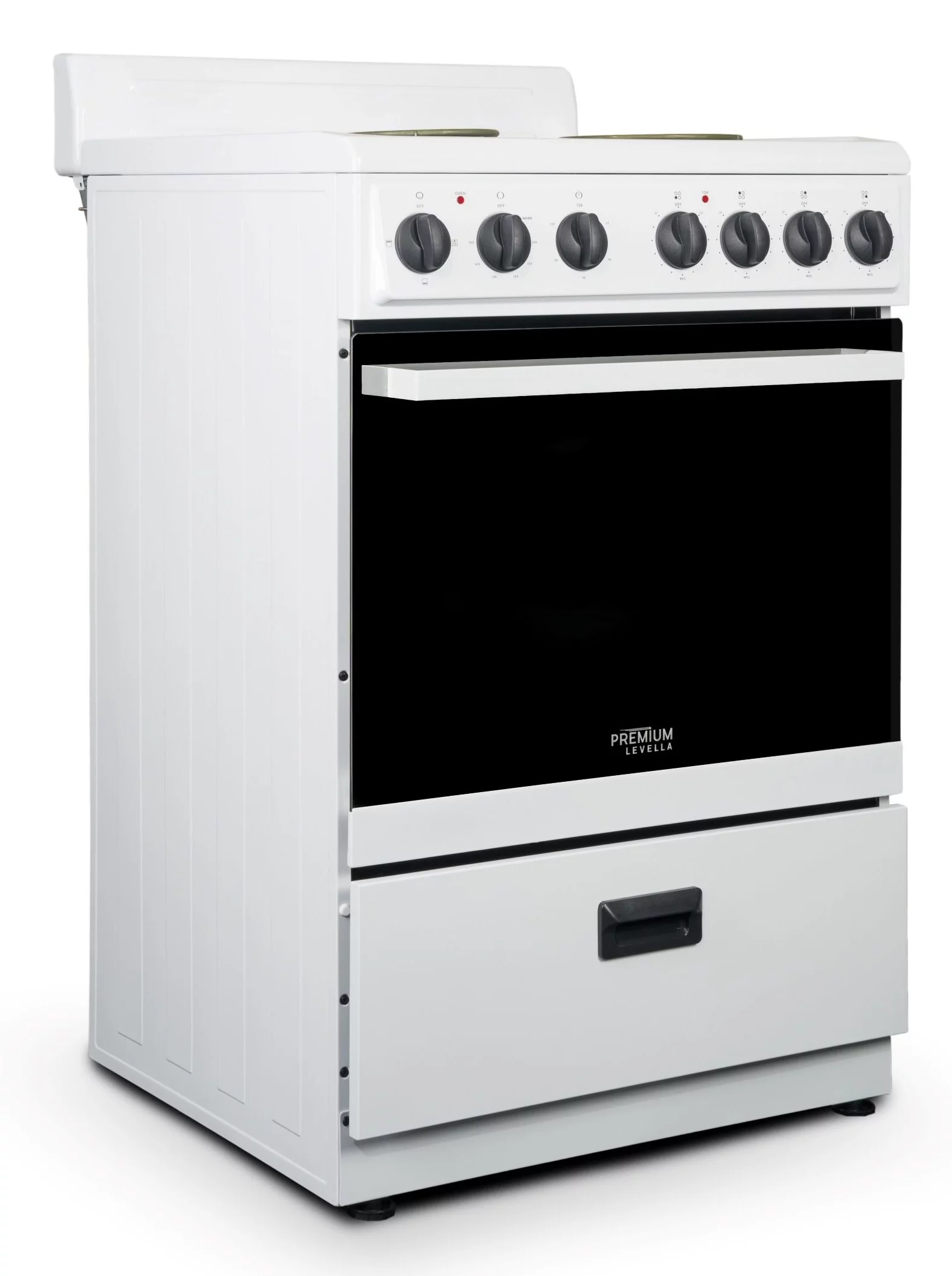 Premium Levella 24 in. 2.7 cu. ft. Single Oven Electric Range with 4 Burners and Storage Drawer in White