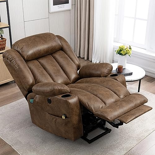 Large Electric Power Lift Recliner Chair with Extended Footrest for Elderly Big, Extra Large and Wide Reclining Sofa for Living Room, Home Theater Seating with Massage and Heat(Brown)