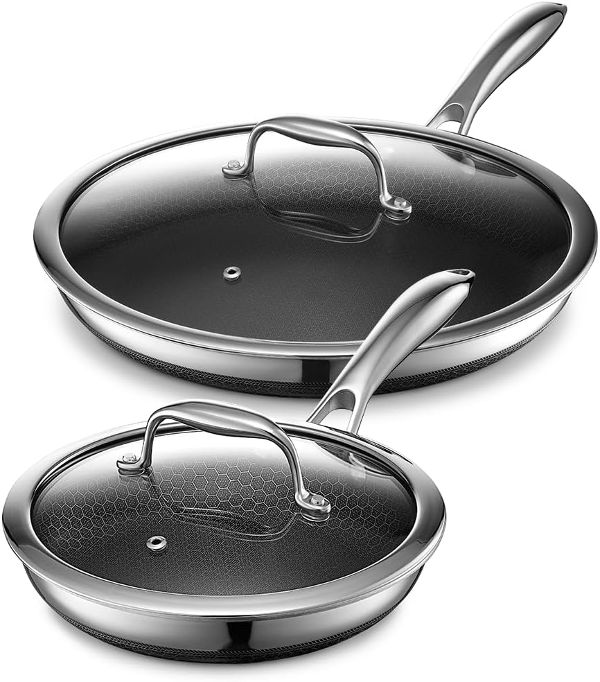 HexClad 4 Piece Hybrid Stainless Steel Cookware Set - 8 Inch Frying Pan with Lid and 12 Inch Frying Pan with Lid, Stay Cool Handle, Dishwasher and Oven Safe