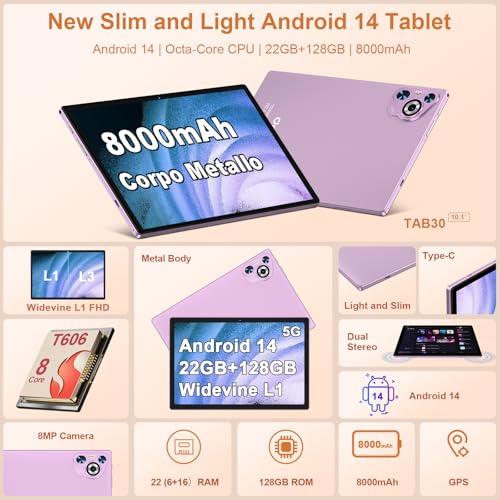 2025 Android 14 Tablet, 22GB RAM+128GB ROM+1TB Expand, 8000mAh Battery, 10.1 Inch Touchscreen, Octa-Core CPU, 2-in-1 Tablet with Keyboard&Mouse, Support BT5.0, GPS, WiFi - Purple