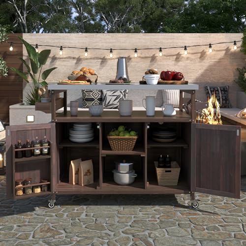 Outdoor Kitchen Island, Rolling Bar Cart & Storage Cabinet, Farmhouse Solid Wood Outdoor Grill Table with Stainless Steel Top, Spice Rack, Towel Rack for Kitchen & BBQ (Natural)