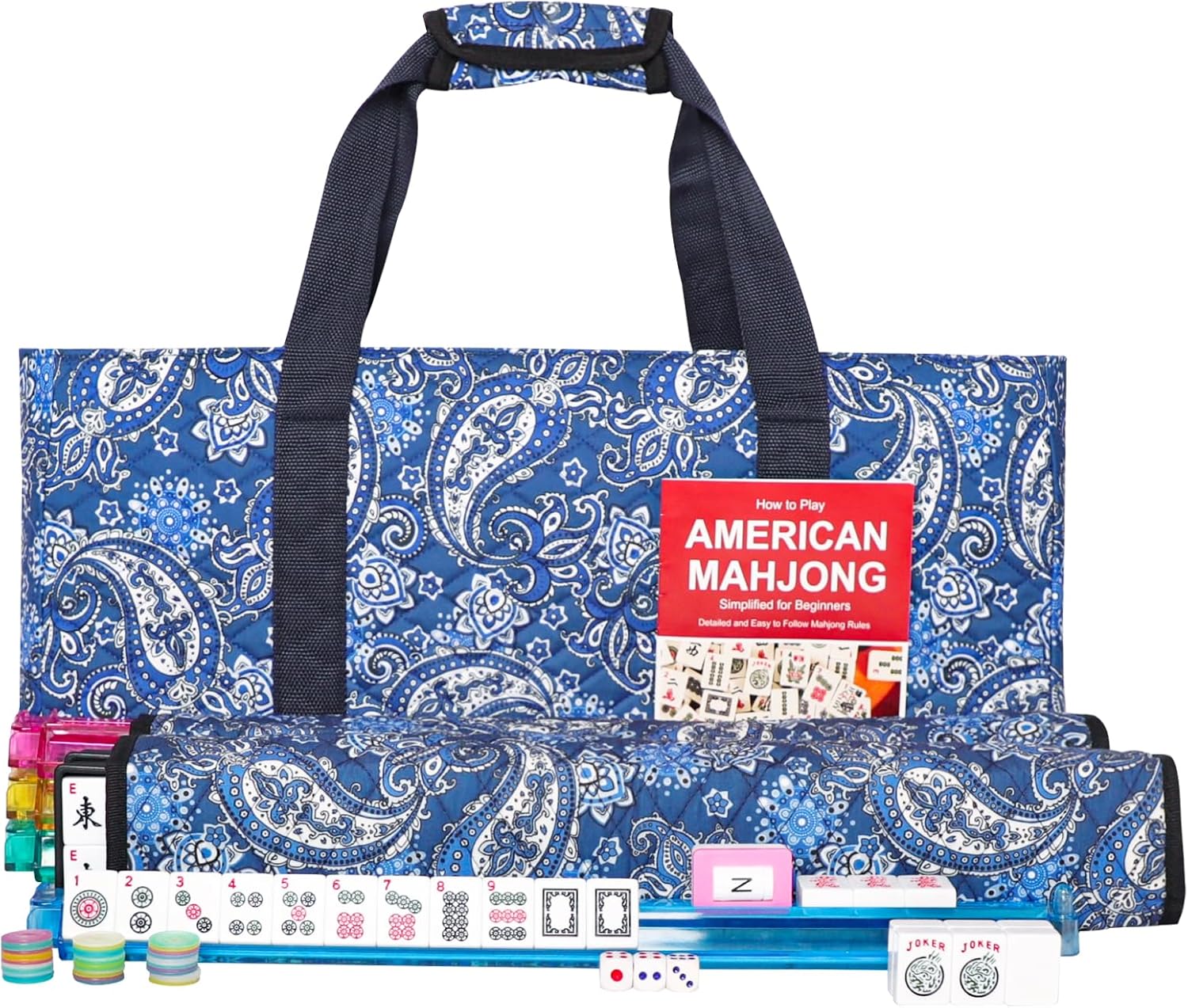 American Mahjong Game Set, 166 Quality White Tiles, 4 All-in-One Color Rack/Pushers, Mahongg Tile Set with Blue Printed Carrying Bag,Mahjong Mat with Black Carrying Bag (Blue,31.5 inches)