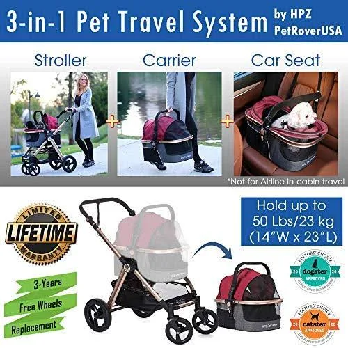 HPZ Pet Rover Prime 3-in-1 Luxury Dog/Cat/Pet Stroller (Travel Carrier +Car Seat +Stroller) w/Detach Carrier/Pump-Free Rubber Ti