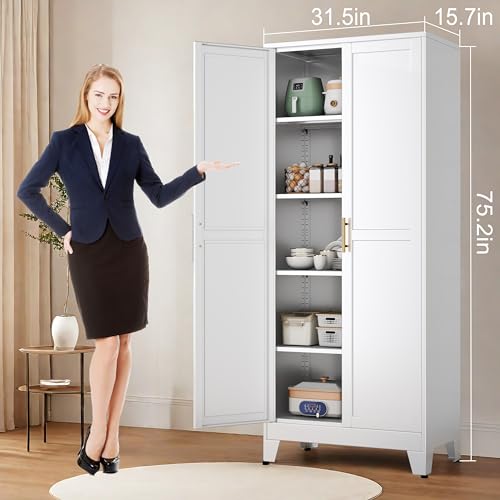 75.2”H Pantry Storage Cabinet, Kitchen Storage Cabinets with Adjustable Feet and Shelves, Metal Pantry Cabinet for Kitchen, Living Room, Laundry Room and Dinning Room