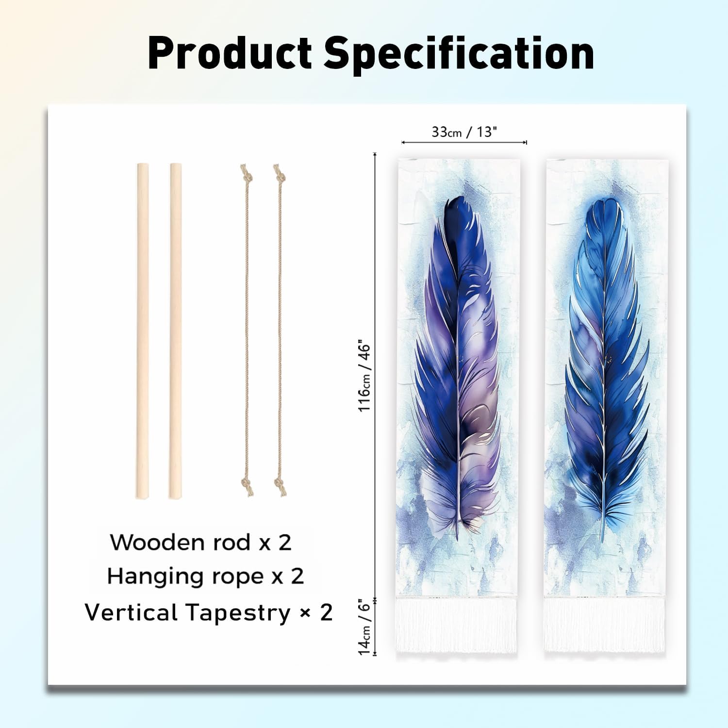 PLIGREAT 2 Pack Blue Feather Tapestry Vertical Wall Hanging with Tassels Aesthetic Wall Tapestry for Bedroom Bathroom Living Room Long Narrow Wall Hanging Home Art Decor Housewarming Gift