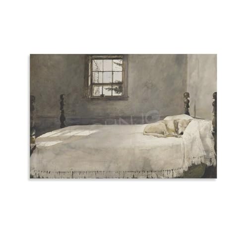 Master Bedroom by Andrew Wyeth Circa 1965 Dog Lying on Bed Scene Realistic Vintage Poster Canvas Painting Posters And Prints Wall Art Pictures for Living Room Bedroom Decor 08x12inch(20x30cm) Unframe