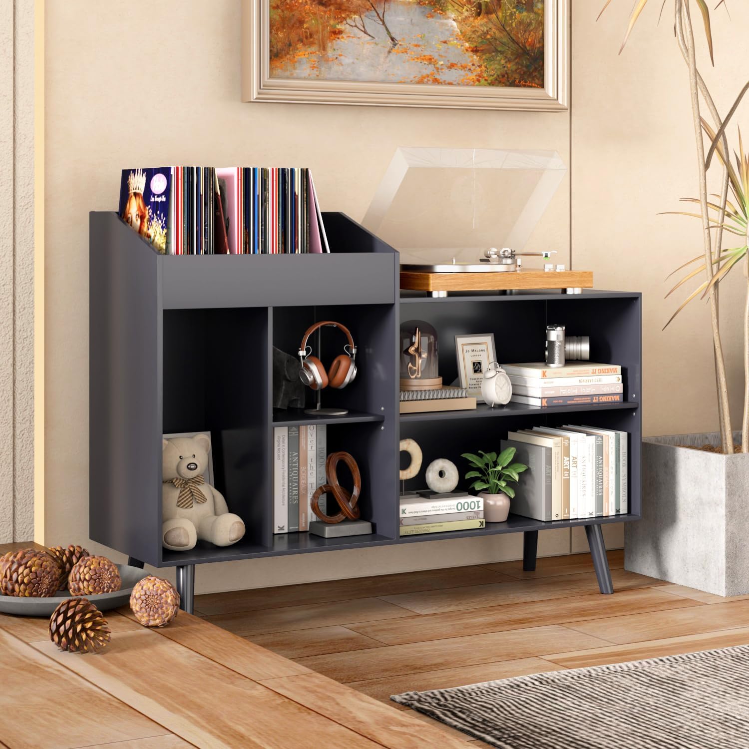 Record Player Stand, Record Storage Cabinet Large Record Player Table with Vinyl Record Storage Holds up to 360 Albums Wood Legs for Bedroom, Living Room, Office, Black