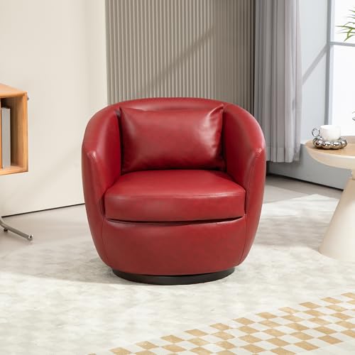 360° Swivel Barrel Chair with Hidden Storage, Modern Upholstered PU Leather Swivel Accent Chair with Pillow, Comfy Single Armchair for Living Room Bedroom, Light Beige