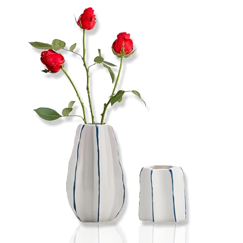 White Ceramic Vase Set of 2 for Modern Home Decor, Minimalist Decorative Star Fruit Shape Vase Pampas Grass Neutral Nordic Boho Flower Vase for Living Room Bedroom Wedding Dining Table Office