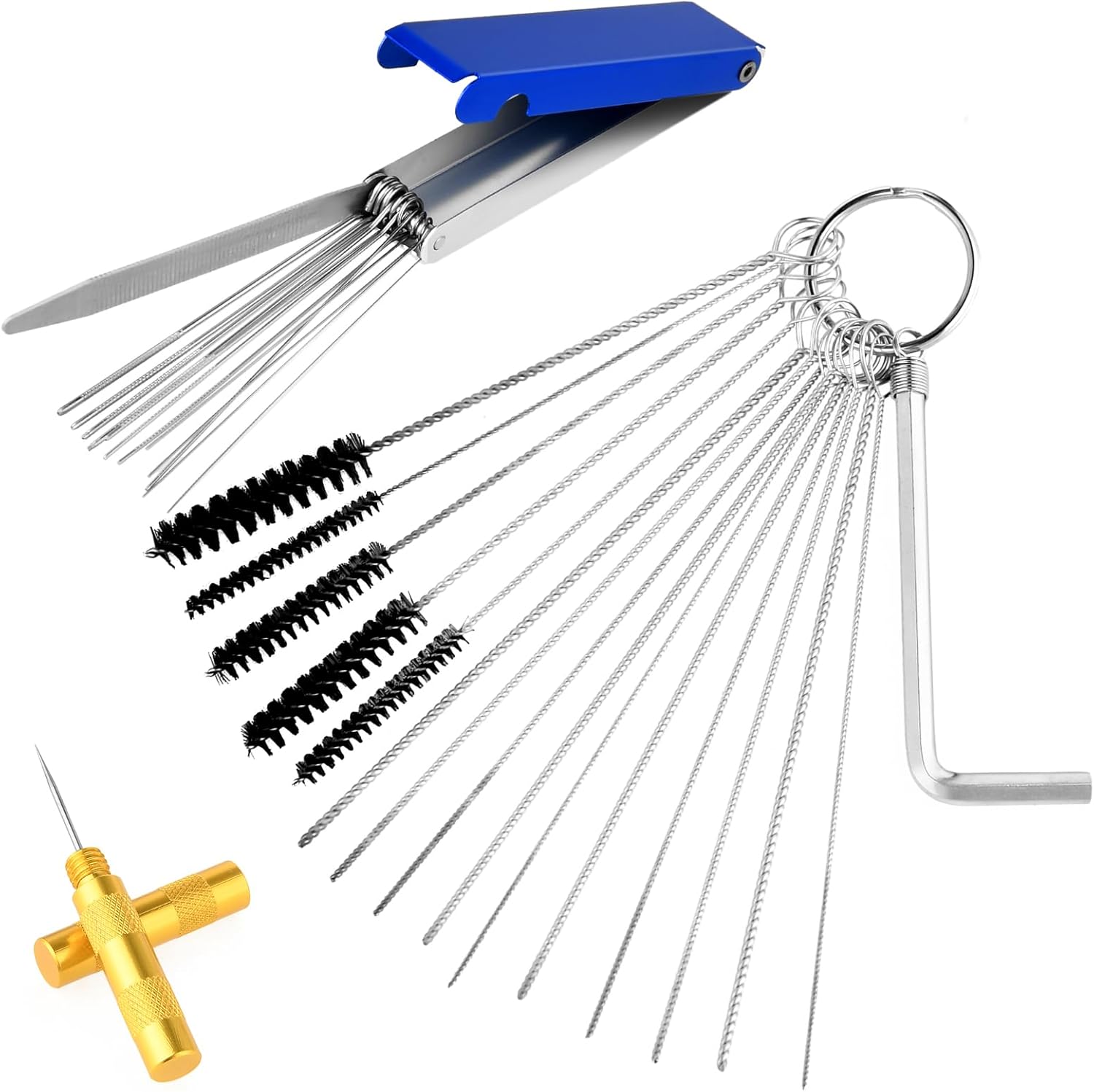Carb Cleaning Kit Carburetors Carbon Dirt Jet Remove Cleaner - Stainless Steel 13 Cleaning Wires Set + 5 Nylon Brushes + 10 Cleaning Needles +1 Throttle Wrench + 1 Sharp Pick