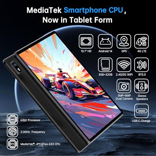 2025 10 inch Tablet Phone 4G LTE Cellular Tablets Android 14 Tablet with Sim Card Slot Unlocked 10GB+32GB with Protective Case with GPS 2.0GHz Processor 8MP Camera and 1TB TF Expandable