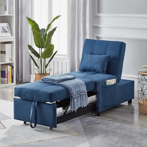 Sleeper Chair Bed with Adjustable Backrest Convertible Sofa Chair Bed with Pillow, Linen Fabric Pull Out Sleeper Chair Bed, Multi-Functional Lounge Chair for Living Room Apartment Small Space (Blue)