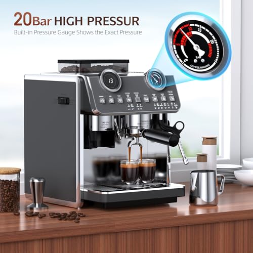 Espresso Machine with Grinder, 20 Bar Pressure Professional Espresso Maker with 30 Grinding Settings, 58mm Portafilte, Anti-scalding Milk Frother Steam Wand for Latte Cappuccino (Stainless Steel)