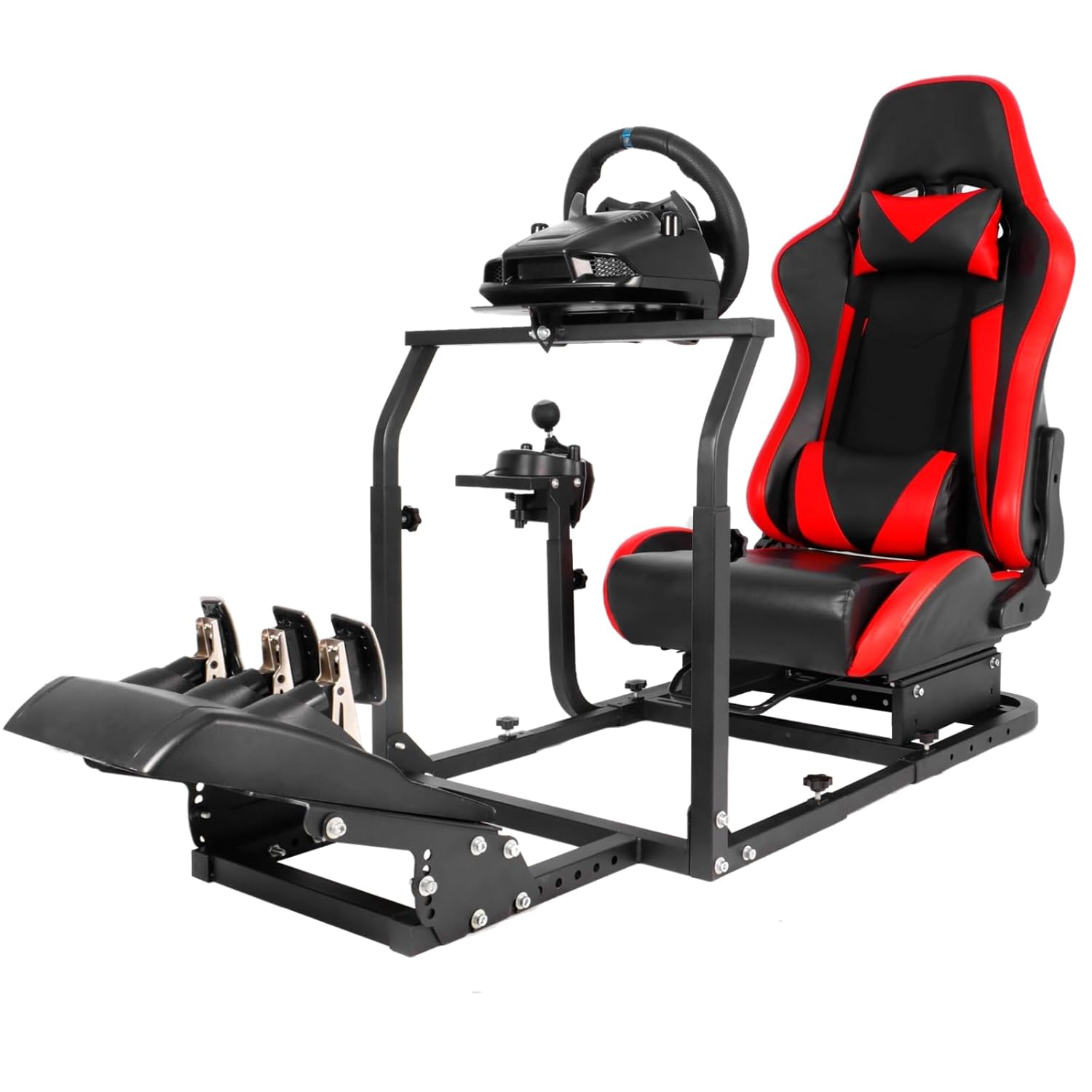 Hottoby Racing Simulator Cockpit with Red Seat Fits for Logitech/Thrustmaster G29 G920 G923,Stability Upgrade Multi-level Adjustment Gaming Stand,No Handbrake,Pedals & Steering Wheel