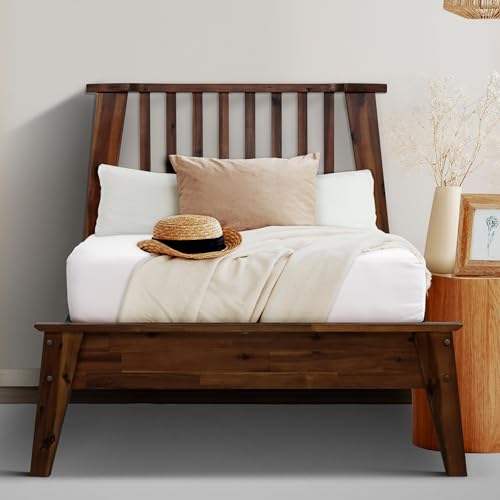 Acacia Kaylin Bed Frame Queen Size with Headboard Solid Wood Platform Bed, Mid Century Wood Bed Compatible with All Mattress Types, Non-Slip Noise-Free, Easy Asssembly, Mocha.