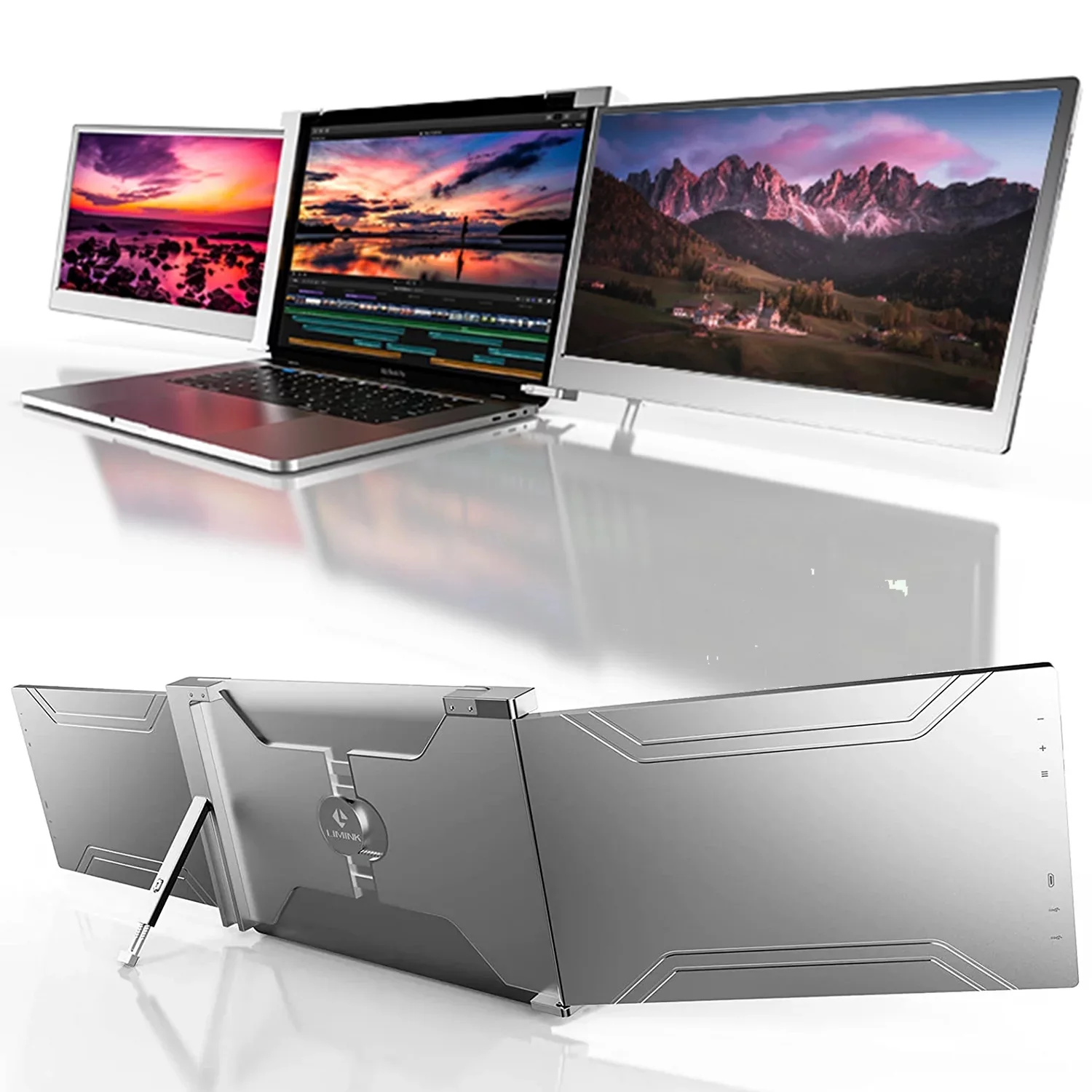 LIMINK Portable Triple Monitor Extender with 14inch Screen Used for 15-17inch Laptop Workstation Laptop Expansion Screen FHD 1080P Folding Screen IPS Tri-Screen Fits for Mac Windows No Driver Needed