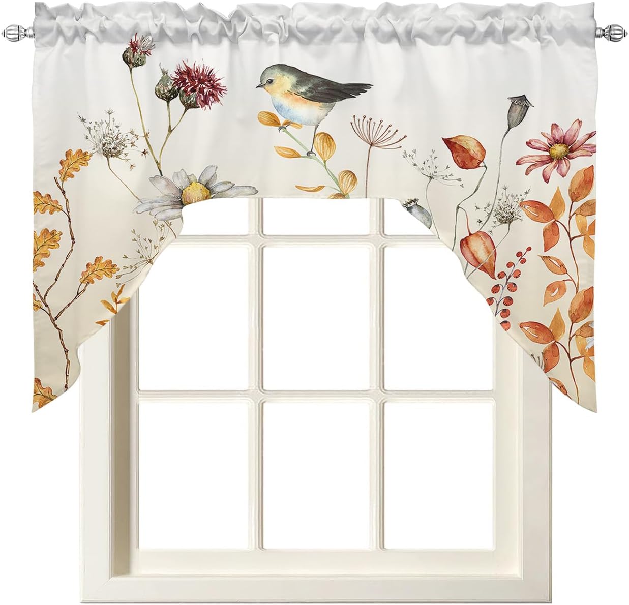 Fall Flower Bird Swag Valance Kitchen Curtains, Rod Pocket Valance Curtain Panels for Bedroom Living Room Bathroom Cafe Windows, Farmhouse French Country Eucalyptus Leaves 56''x36''
