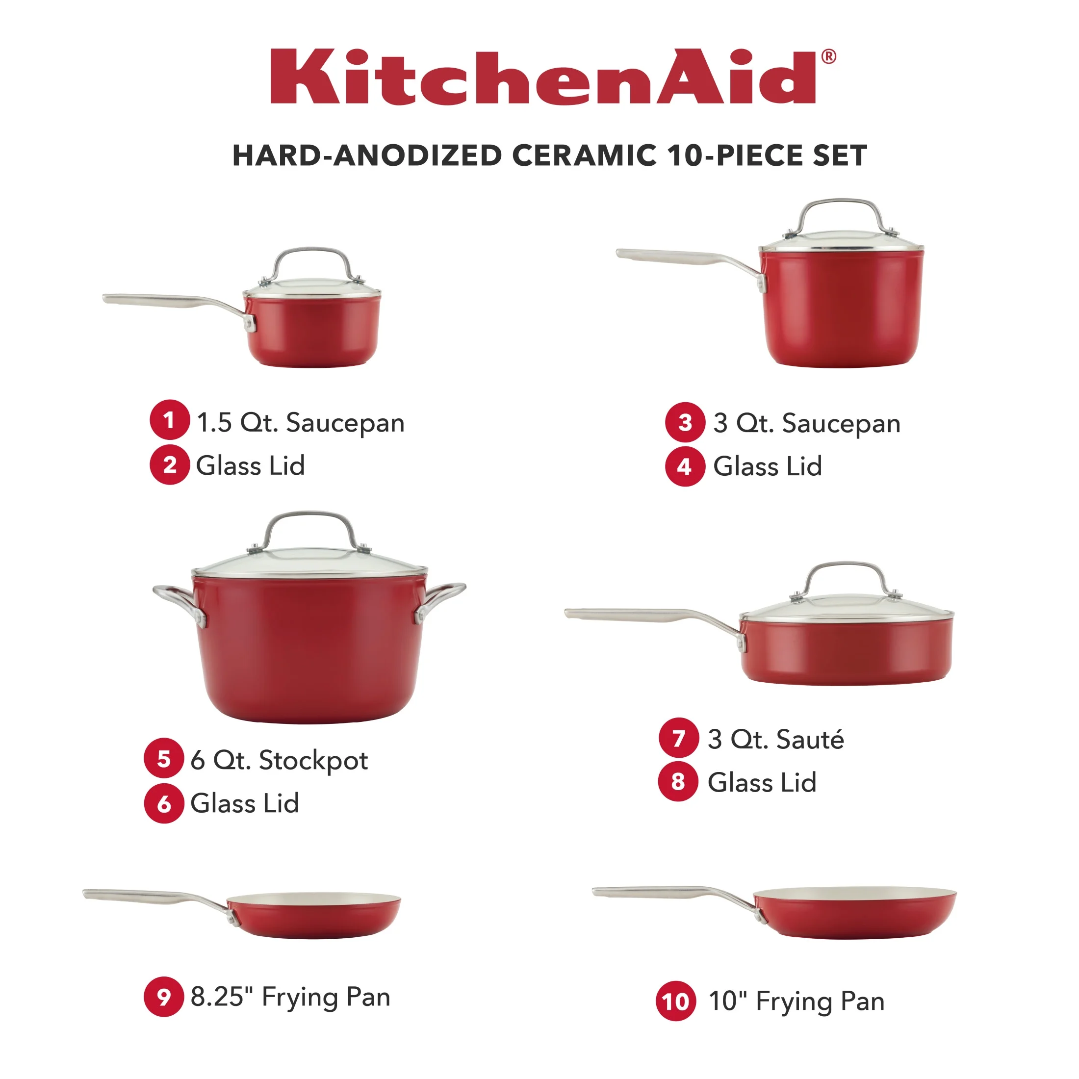KitchenAid Hard Anodized Ceramic 10 Piece Nonstick Cookware Pots and Pans Set, Empire Red