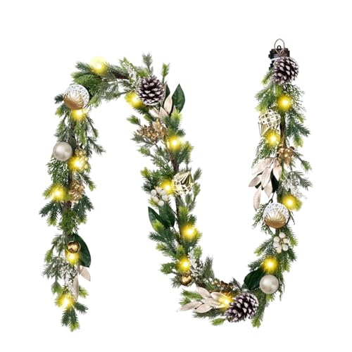 DecorbyHannah Christmas Garland with Lights, 6Ft Prelit Christmas Garland for Mantle, Stairs Railing, Lighted Xmas Garlands with Pine Cone, Bow Ornaments for Home Outdoor Decor(Green Gold)