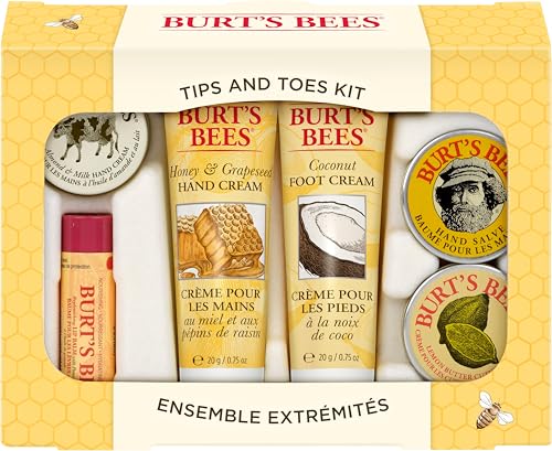 Burt's Bees Gifts Ideas - Tips and Toes Set, 6 Travel Size Products in Gift Box - 2 Hand Creams, Foot Cream, Cuticle, Hand Salve and Lip Balm