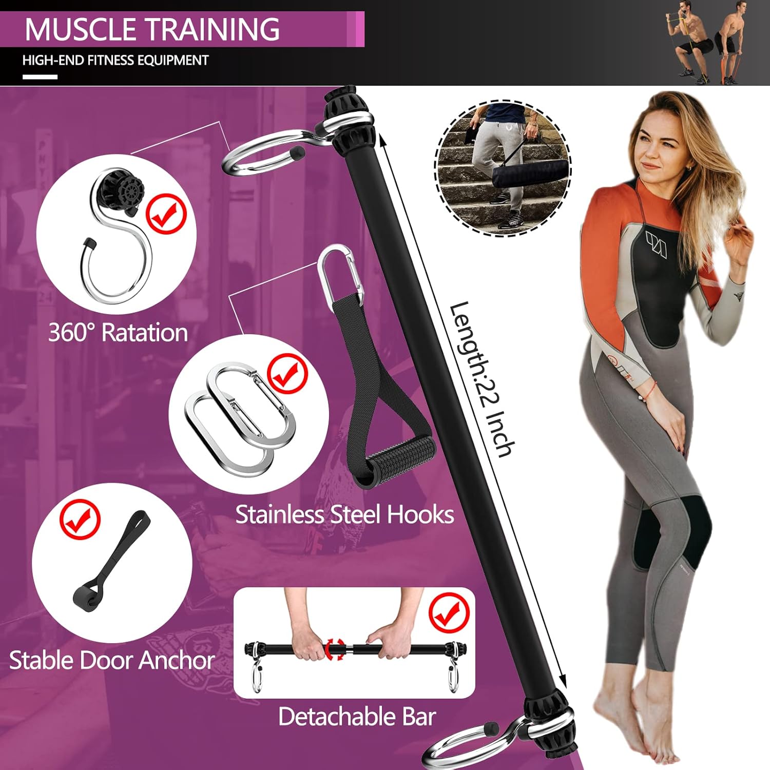 Resistance Bands Bar Set Portable Home Gym Equipment for Adults Strength Training for Chest Press Deadlift Squats Curl Full Body Workout Bands Pilates Bar Kit for Fitness Exercise(5 Resistance Bands)