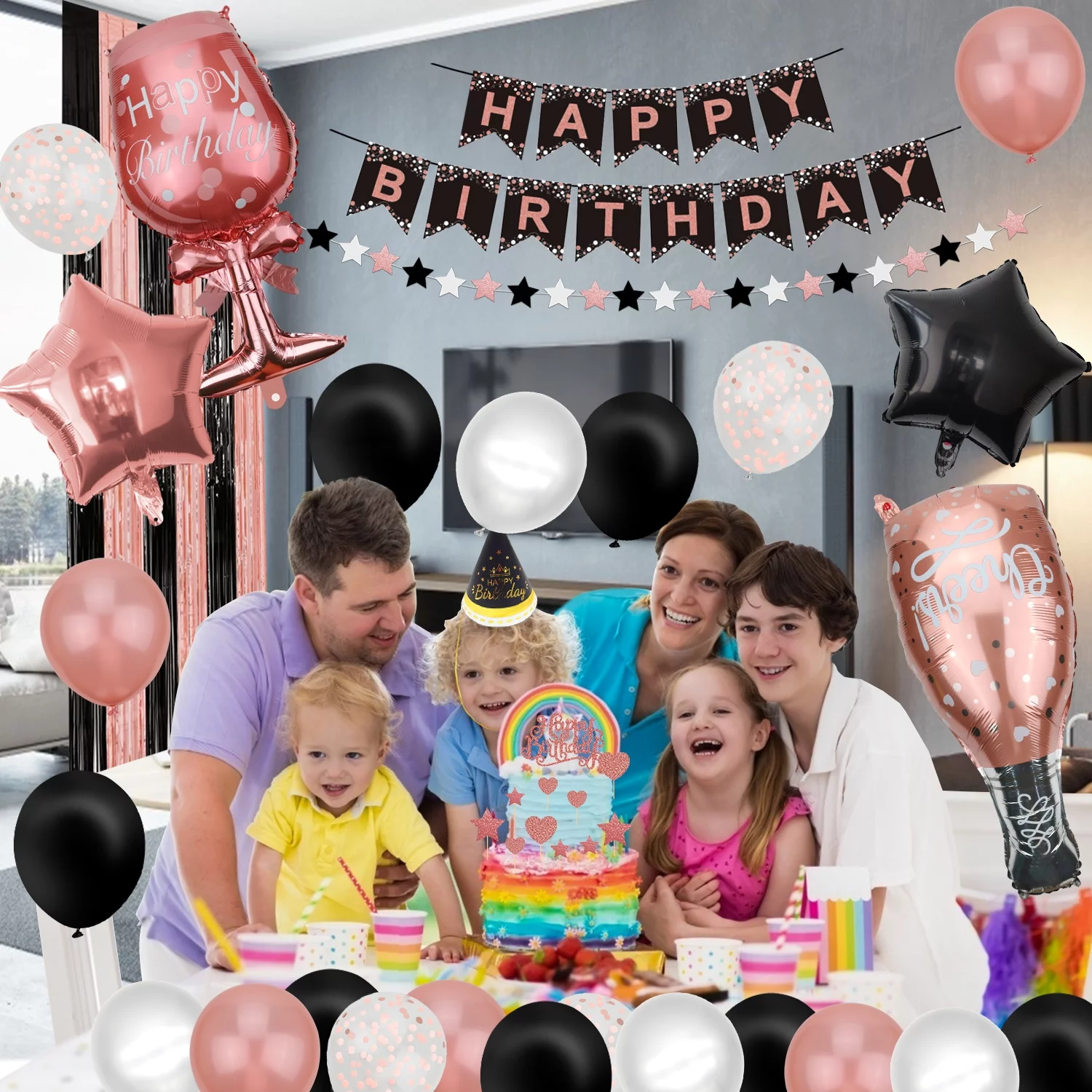 Rose Gold and Black Party Decorations - Happy Birthday Banner, Balloons, Fringe Curtains, Tablecloth and Cake Topper for 1st 16th 21st 30th 40th 50th Girls Rose Gold and Black Birthday Party Supplies