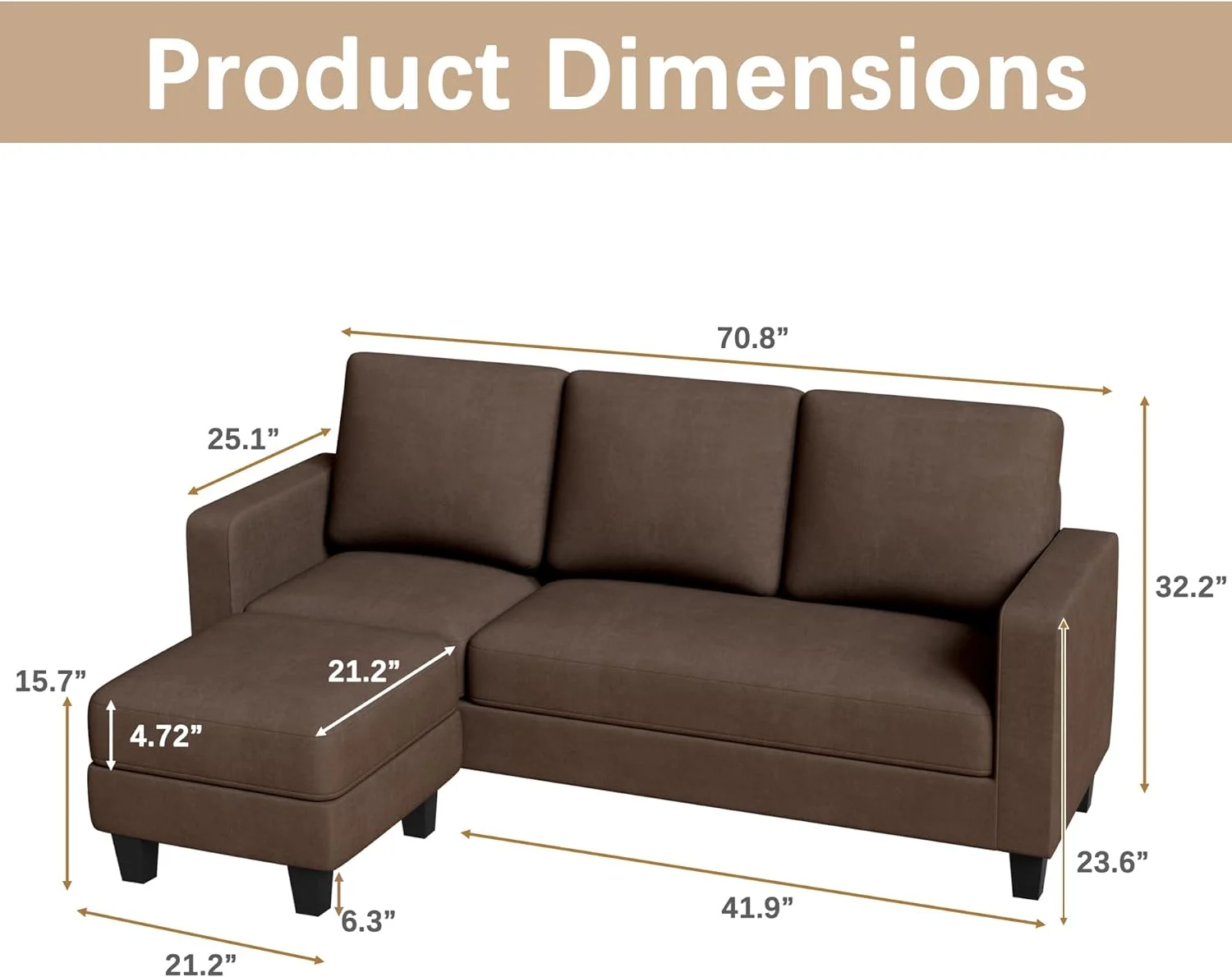Convertible Sectional Sofa Couch, L Shaped 3-Seat Small Couch For Living Room With Ottoman Modern Fabric Reversible Chaise For Apartment And Small Space (Brown)