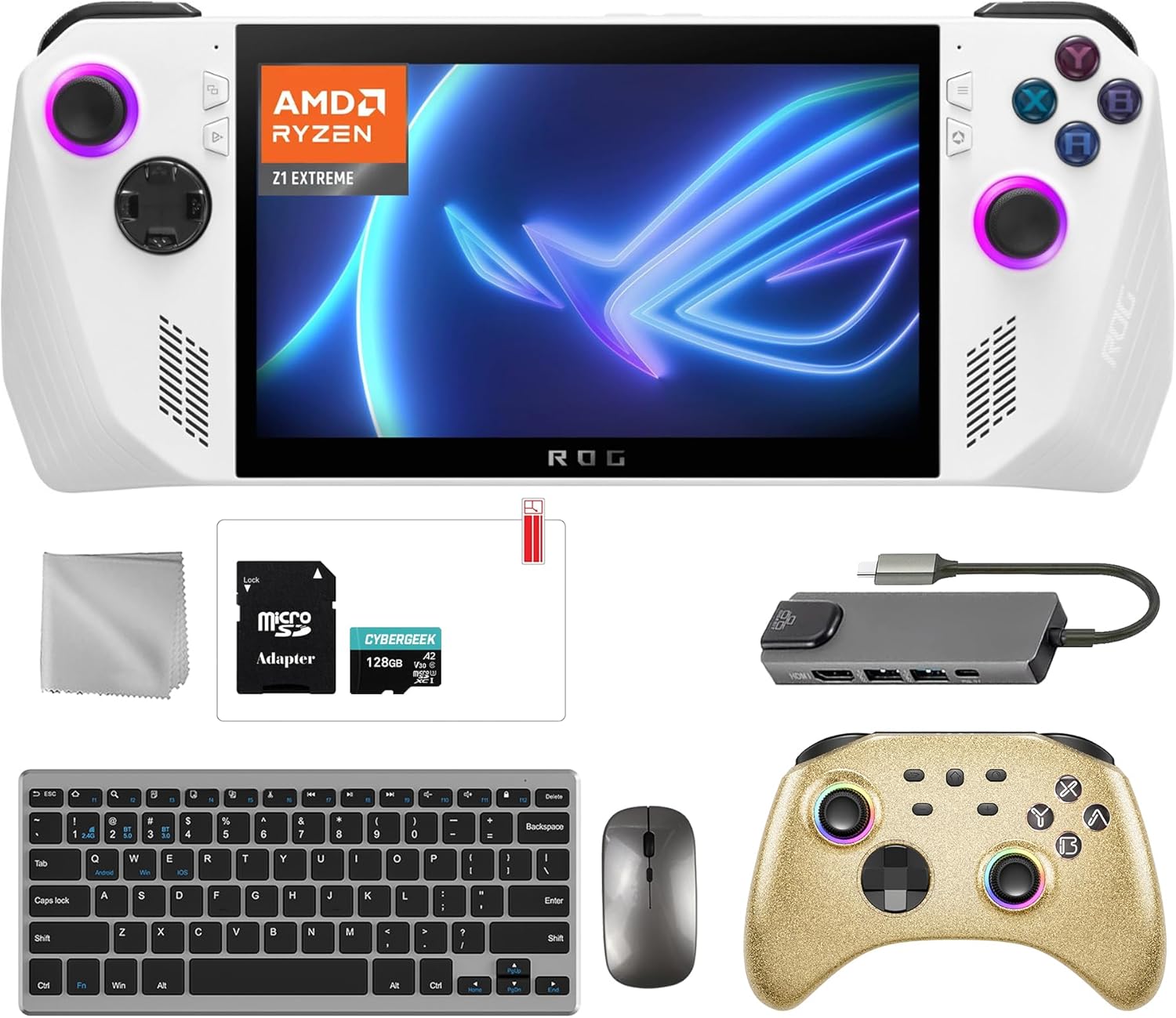 ASUS ROG Ally 512GB Gaming Handheld 7-inch Touchscreen 120Hz FHD 1080p AMD Ryzen Z1 Extreme Processor, Gold Wireless Pro Controller, Hub, 128GB MicroSD, Keyboard & Mouse, 8 in 1 Bundle
