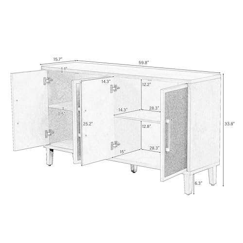 Light Luxury Style Accent Storage Cabinet with 4 Linen Cabinet Doors and Adjustable Shelves, 59.8