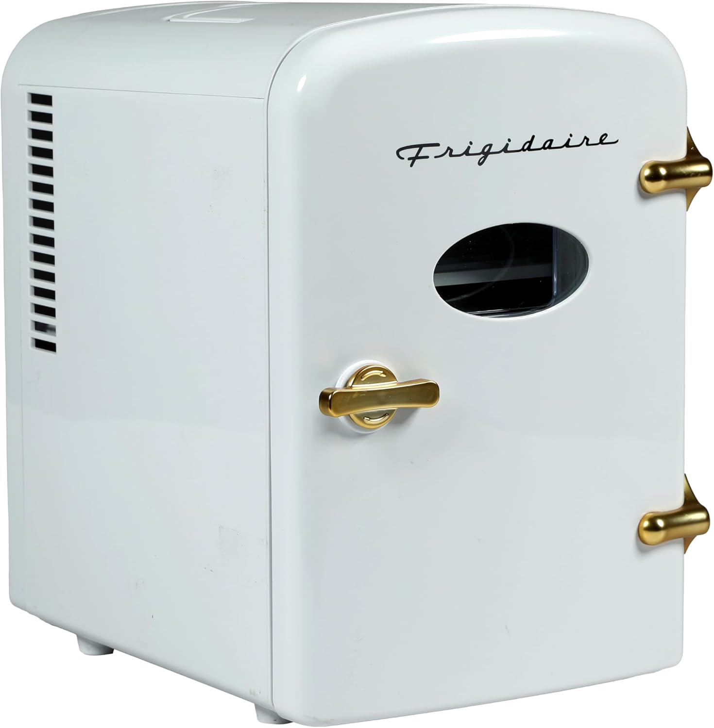 Frigidaire Retro Mini Personal Fridge Cooler, Holds up to 9 Cans, Portable for Car, Office, Bedroom, Dorm Room, or Cabin, Includes 110V AC and 12V DC cords - White Gold (Special Edition Color)