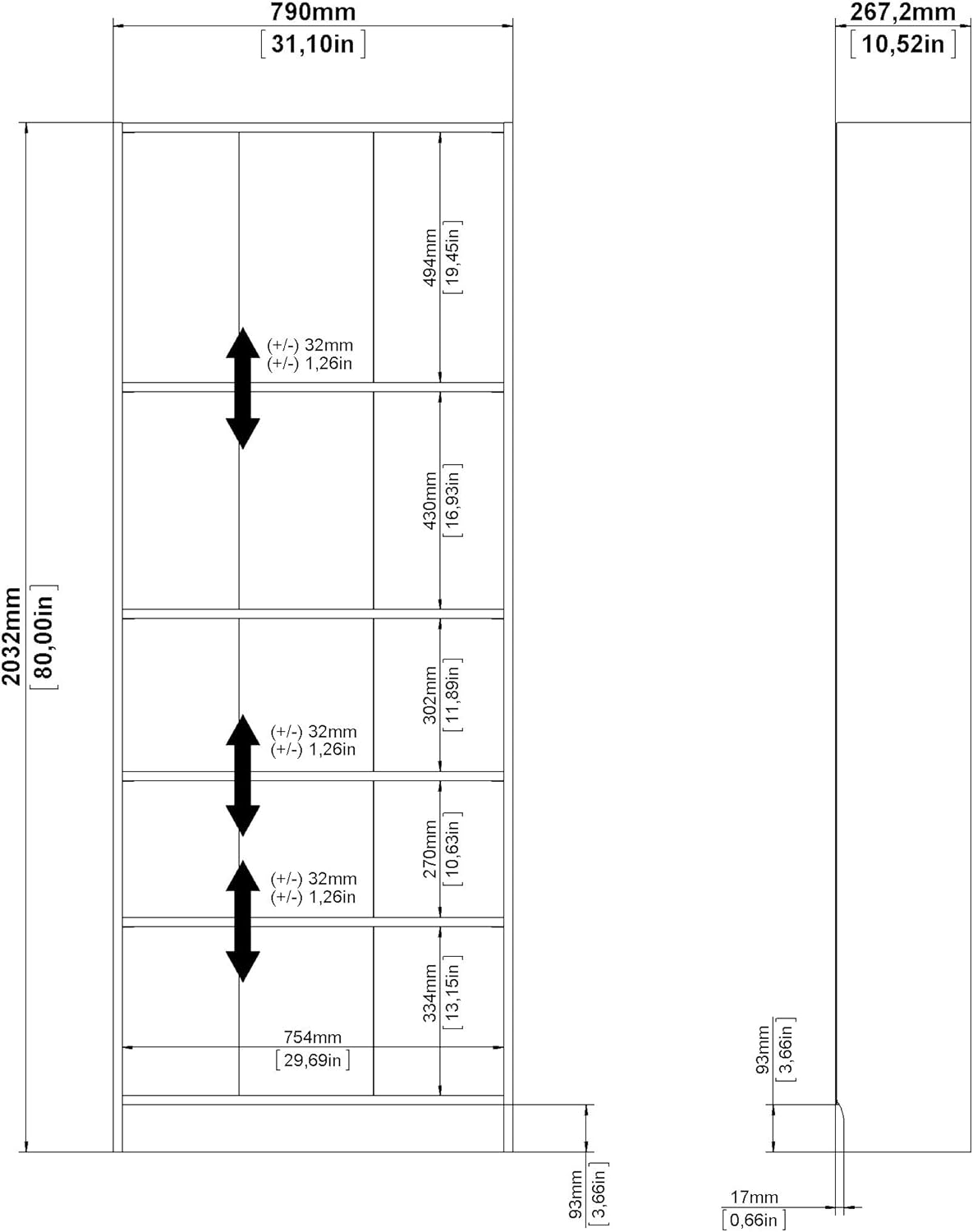 Tvilum Element Wide 5 Shelf Bookcase, Tall, White