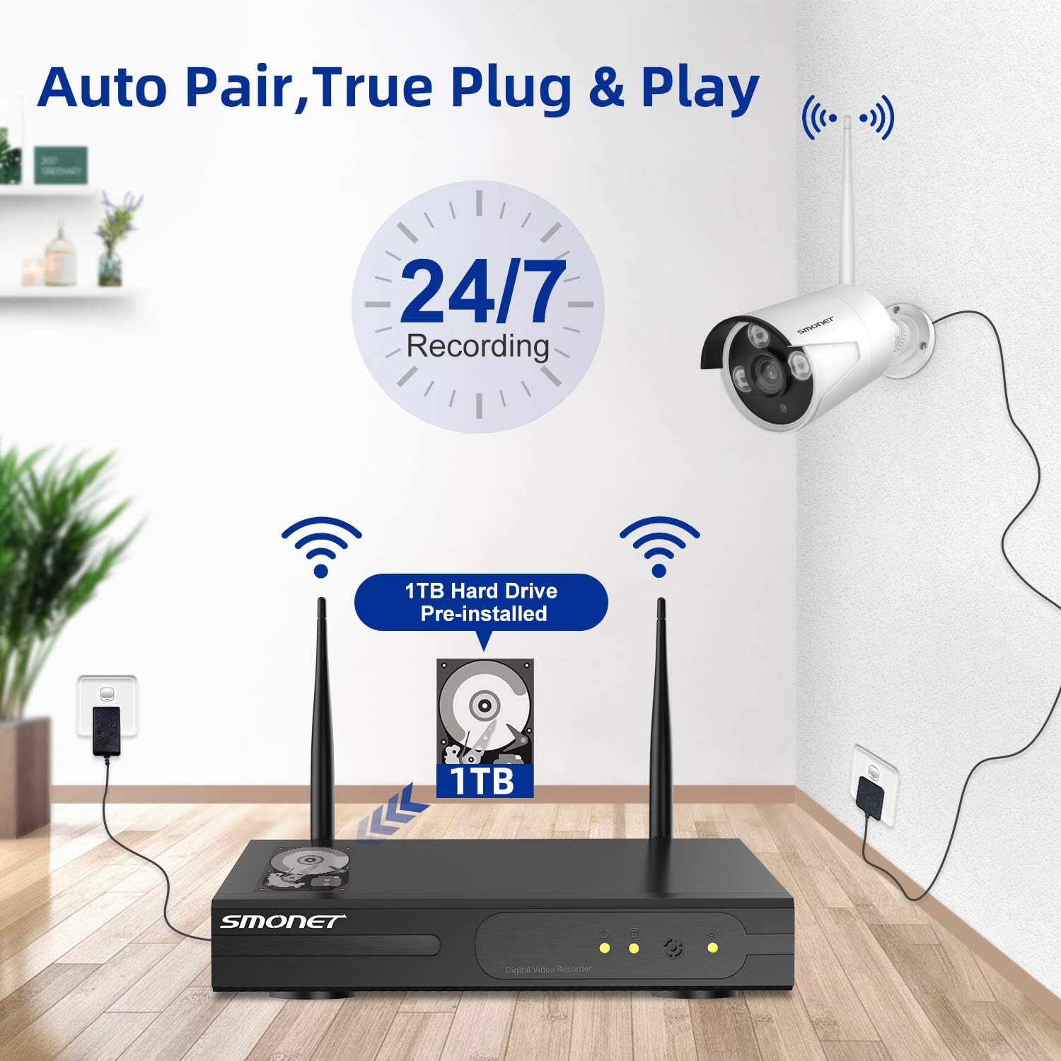 Wireless Security Camera System with 12” Monitor 2TB Hard Drive,Clearer Than 960P,SMONET 8 Channel Home CCTV Surveillance NVR Systems,4pcs 1080P Indoor Outdoor IP Cameras,Night Vision