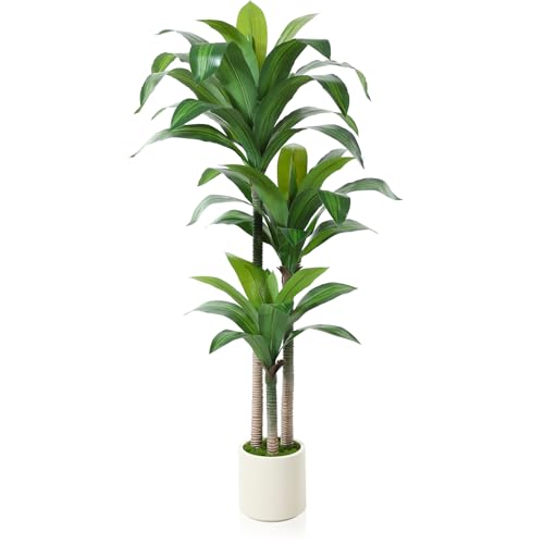 Artificial Dracaena Tree 5ft, Tall Fake Dracaena Plants with White Planter, Faux Dragon Tree Indoor Floor Plant for Home Decor Office Living Room Porch Housewarming, 1Pcs