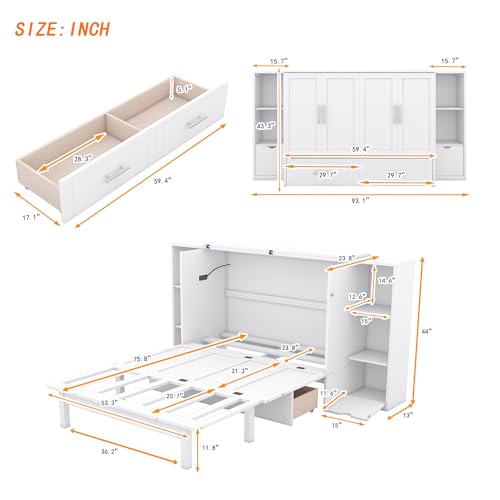 Queen Size Murphy Bed with Shelves and Storage Drawers, Wood Wall Bed Cube Bed Frame with USB Ports for Home Office, Small Room, Apartments, Guest Rooms, Bedroom, Furniture (White, Queen)