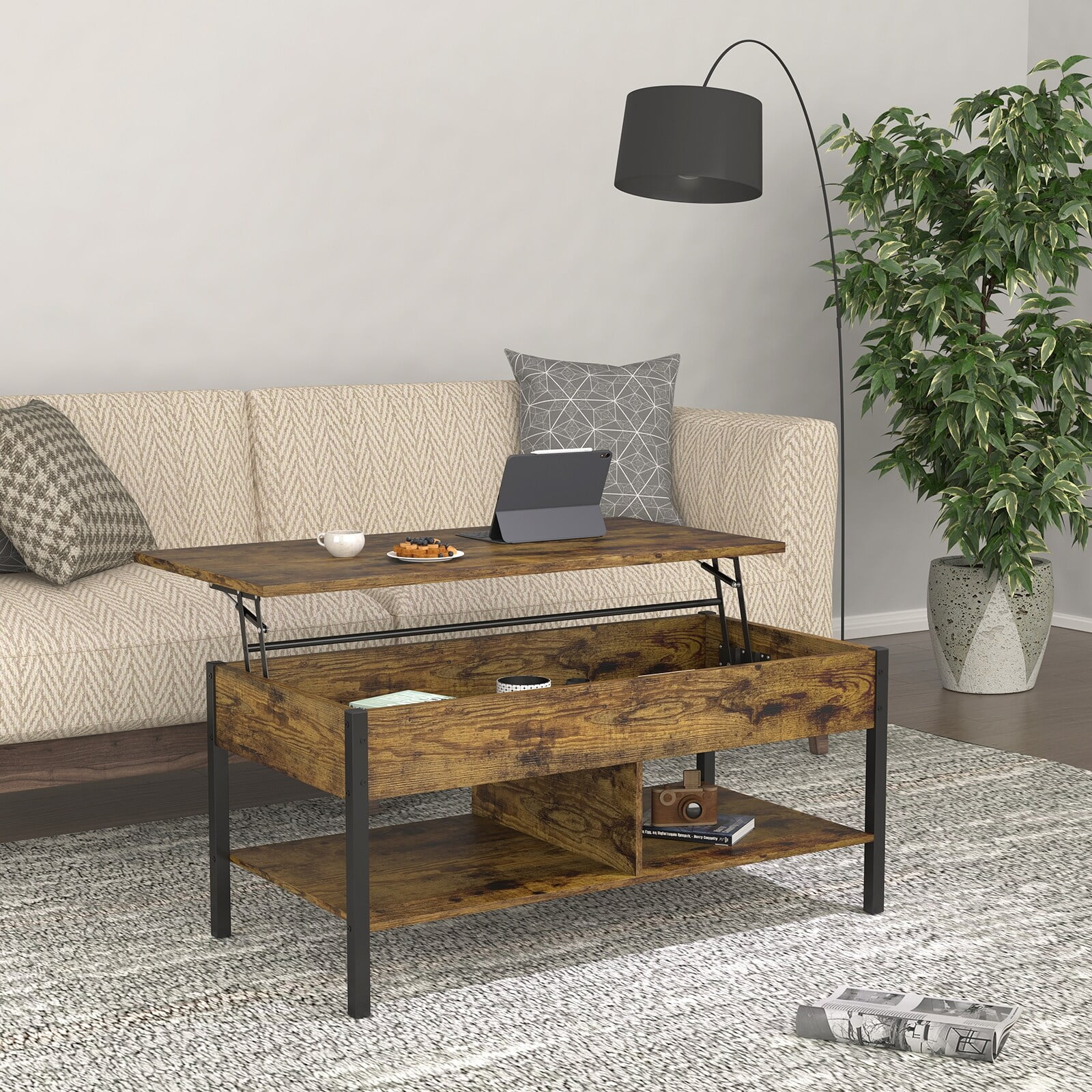 LivEditor Living Room Lift Top Coffee Table with Hidden Storage - 2 Colors Brown