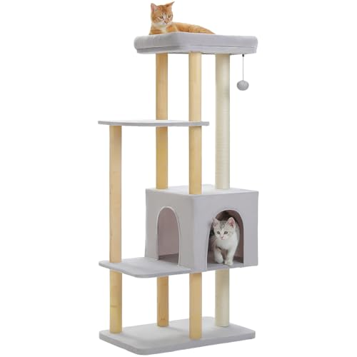 PAWZ Road Large Cat Tree, 53 Inches Modern Wooden Cat Tower for Indoor Large Cats, Multi-Level Cat Condos with Long Scratching Posts and Scraping Columns-Beige