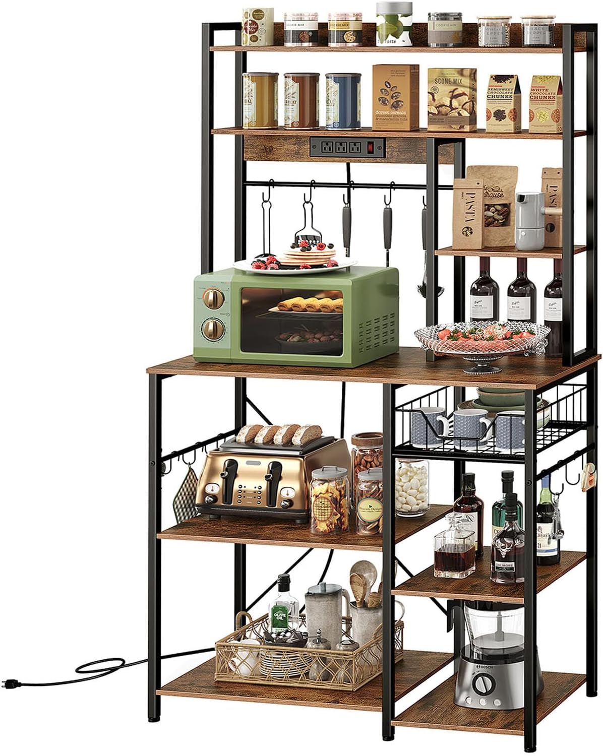 Kitchen Bakers Rack with Power Outlet, Microwave Stand with Multiple Shelves, Floor Standing Bakers Rack, Coffee Bar with Mesh Basket, for Kitchen, Dining Room, Rustic Brown and Black THB01UBF