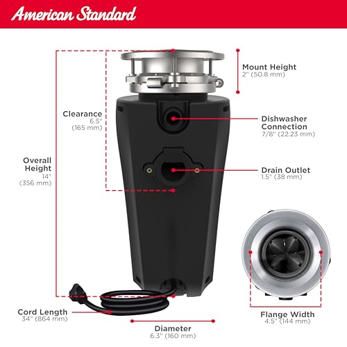American Standard 10-US-AS-5-HD Garbage Disposer, 1/2 HP Heavy Duty, Black