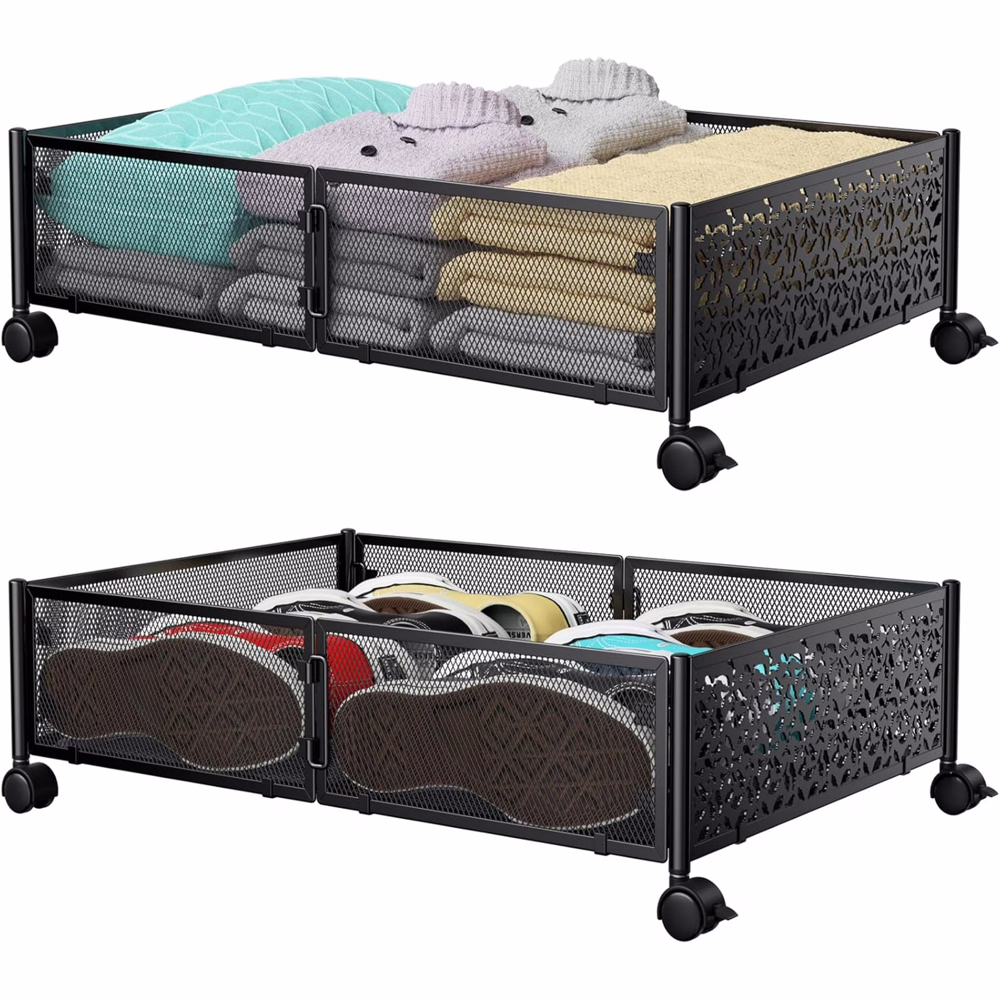 Under Bed Storage Containers with Wheels, Under Bed Shoe Storage Organizer Drawer, Tool-free Assembly Metal Storage Containers for Bedroom Clothes Shoes Blankets -2PCK