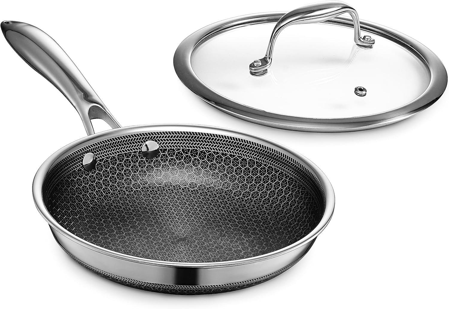 HexClad 4 Piece Hybrid Stainless Steel Cookware Set - 8 Inch Frying Pan with Lid and 12 Inch Frying Pan with Lid, Stay Cool Handle, Dishwasher and Oven Safe