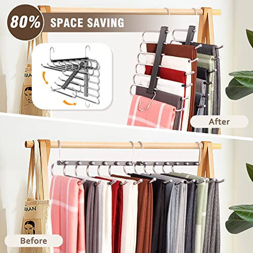 4 Pack 6-Tier Space Saving White Pant Hangers, Anti-Slip, Lightweight, Stainless Steel, Ideal for Closet Organization, Free Installation
