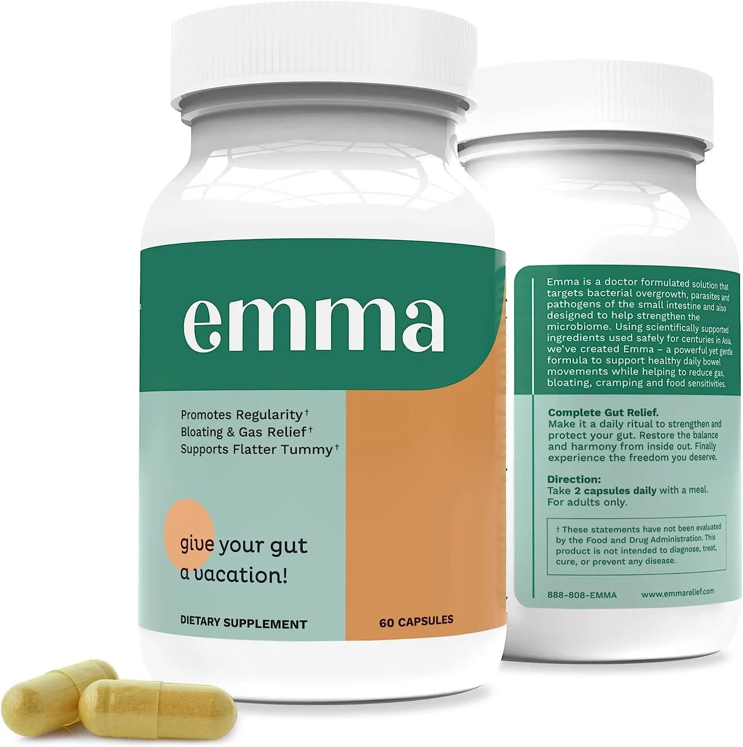 EMMA Supplement for Gut Health - Gas and Bloating Relief, Constipation, Leaky Gut Repair - Gut Cleanse & Restore Good Digestion -Regulate Bowel Movement. Fiber and Laxative Alternative 60 count
