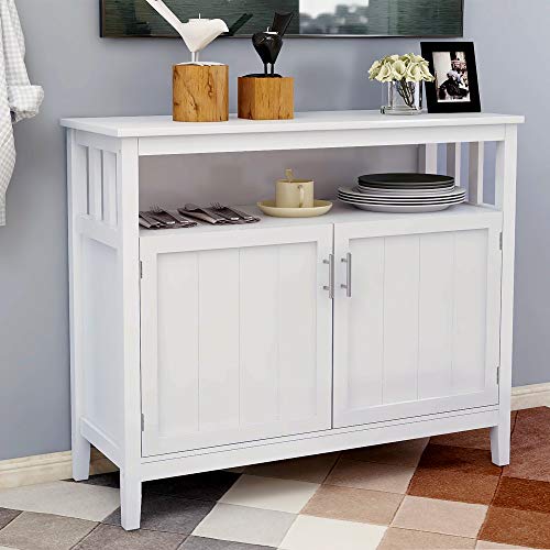 40 Inch Buffet Table with Shelves, Modern Storage Cabinet Side Table with 2 Doors and Metal Handles, Solid Wood Cupboard Table for Living Room Kitchen, Space Saving, White
